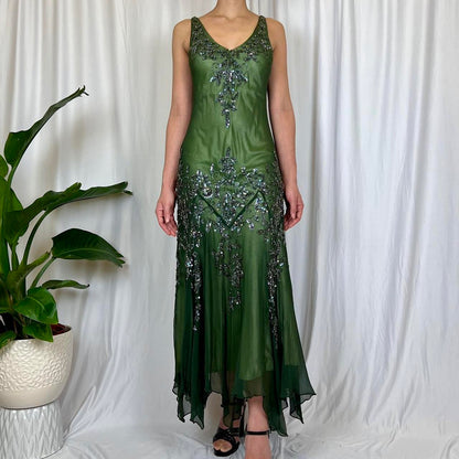 Green Vintage V Neck Elegant Exquisite Beaded Long Chiffon Ball Gown Evening Gown Party Dress Prom Gown gh3707