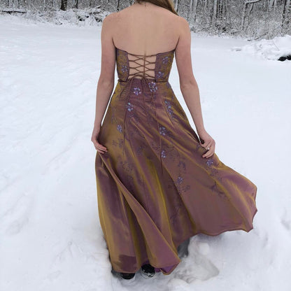 Pretty Brown Shiny Delicate Floral Beading Elegant Spaghetti Strap Long Satin Ball Gown Evening Dress Party Dress Prom Dress gh3741