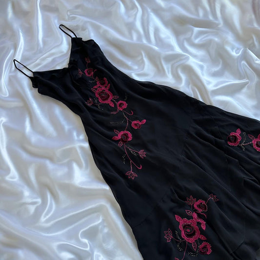 Black Elegant Delicate Red Rose Floral Beaded Long Chiffon Ball Gown Evening Dress Party Dress Prom Dress gh3691