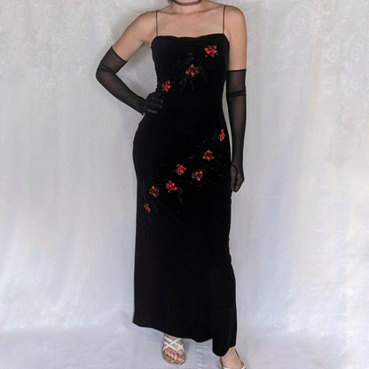 Black Vintage Elegant Delicate Rose Floral Beaded Long Velvet Ball Gown Evening Gown Birthday Party Gown Prom Gown gh3802