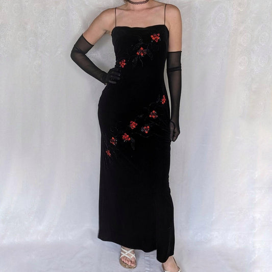 Black Vintage Elegant Delicate Rose Floral Beaded Long Velvet Ball Gown Evening Gown Birthday Party Gown Prom Gown gh3802