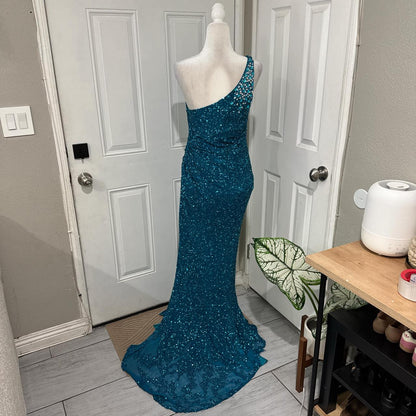 Peacock Blue Shiny Elegant Long Sequined Ball Gown Evening Dress Party Dress gh4567