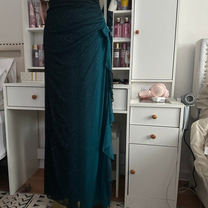 Turquoise Gradient Retro Fashion Sparkling Stunning Flowing One Shoulder Elegant Exquisite Rhinestone Long Chiffon Ball Gown Evening Gown Birthday Party Gown Prom Gown Graduation Gown gh3882