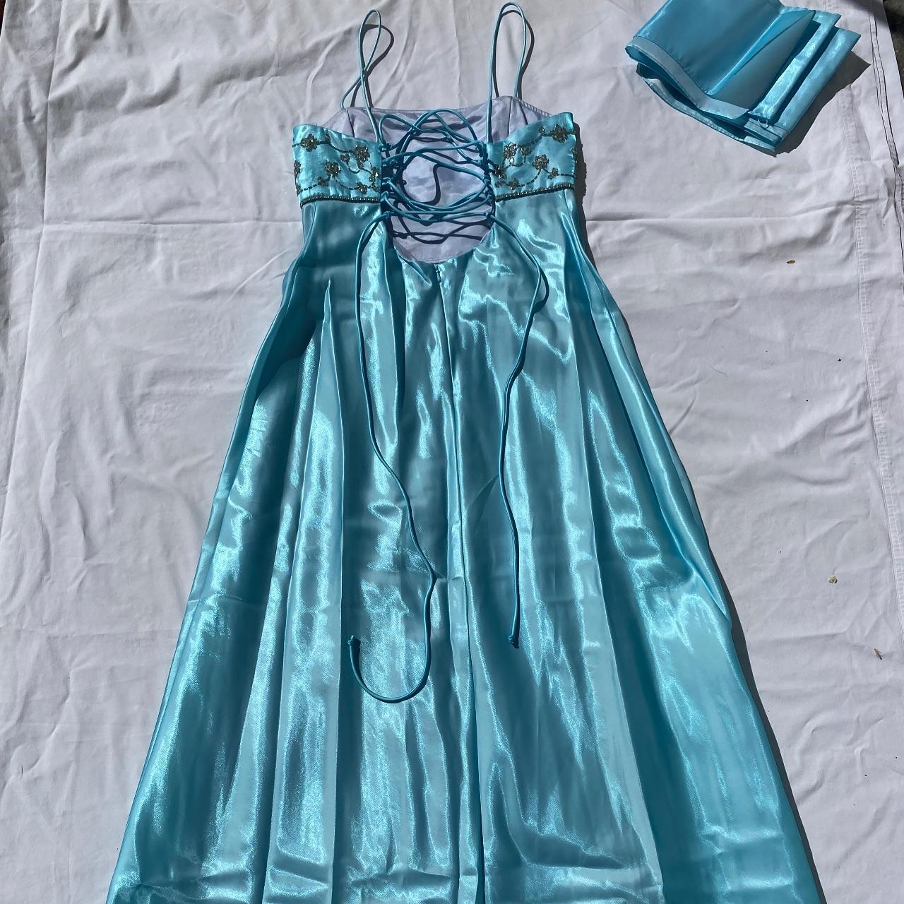 Light Blue Vintage Fashion Playful Deep V Exquisite Floral Beaded Halter Long Satin Tulle Fairy Ball Gown Square Neck Prom Dress Evening Dress Birthday Party Dress gh3959