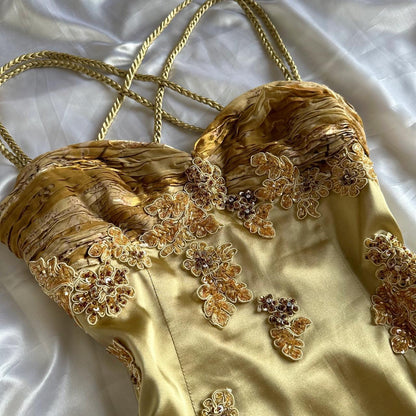 Gold Gorgeous Beautiful Charming Elegant Exquisite Floral Beaded Strapless Long Satin Chiffon Ball Gown Evening Dress Party Dress Prom Dress gh3824