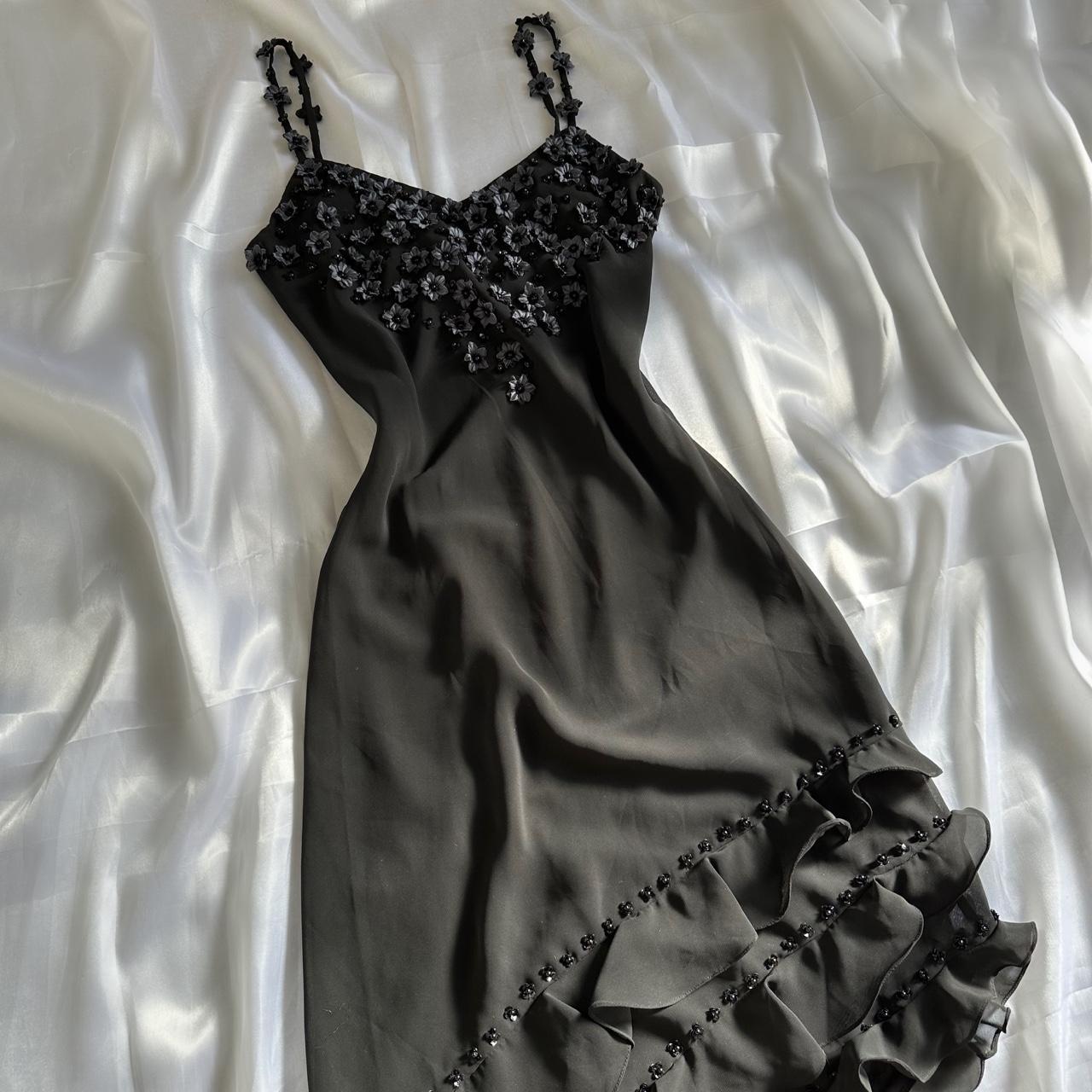 Black Beautiful Vintage Elegant Exquisite Floral Beading 3D Flower Applique Asymmetric Ruffle Dress Midi Chiffon Homecoming Dress Prom Dress Evening Dress Party Dress Graduation Dress gh3940