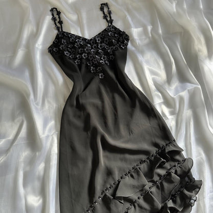 Black Beautiful Vintage Elegant Exquisite Floral Beading 3D Flower Applique Asymmetric Ruffle Dress Midi Chiffon Homecoming Dress Prom Dress Evening Dress Party Dress Graduation Dress gh3940