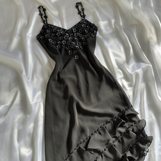 Black Beautiful Vintage Elegant Exquisite Floral Beading 3D Flower Applique Asymmetric Ruffle Dress Midi Chiffon Homecoming Dress Prom Dress Evening Dress Party Dress Graduation Dress gh3940