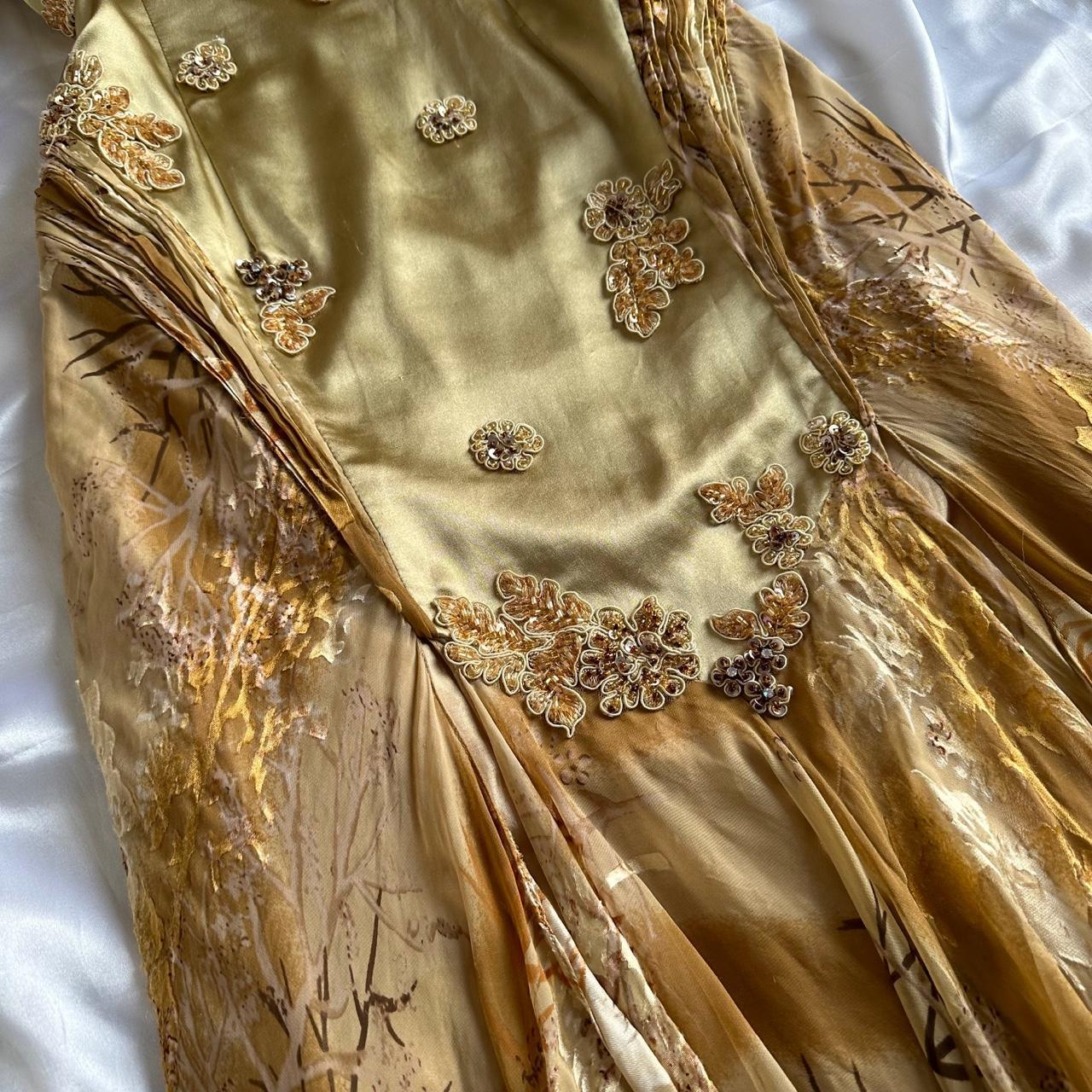 Gold Gorgeous Beautiful Charming Elegant Exquisite Floral Beaded Strapless Long Satin Chiffon Ball Gown Evening Dress Party Dress Prom Dress gh3824