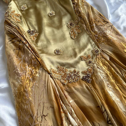 Gold Gorgeous Beautiful Charming Elegant Exquisite Floral Beaded Strapless Long Satin Chiffon Ball Gown Evening Dress Party Dress Prom Dress gh3824