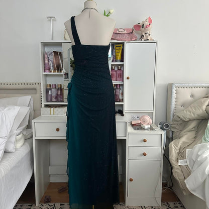 Turquoise Gradient Retro Fashion Sparkling Stunning Flowing One Shoulder Elegant Exquisite Rhinestone Long Chiffon Ball Gown Evening Gown Birthday Party Gown Prom Gown Graduation Gown gh3882