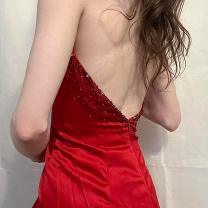 Cherry Red Vintage Exquisite Beading Gorgeous Bright Sexy Backless Long Satin Slit Formal Prom Dress Evening Dress Wedding Guest Dress Birthday Party Dress gh3630