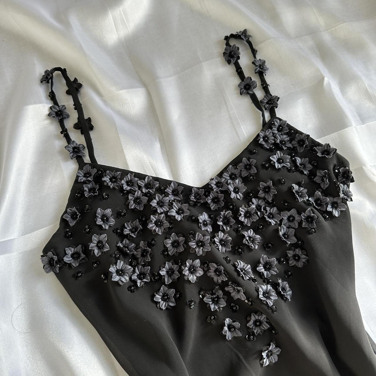 Black Beautiful Vintage Elegant Exquisite Floral Beading 3D Flower Applique Asymmetric Ruffle Dress Midi Chiffon Homecoming Dress Prom Dress Evening Dress Party Dress Graduation Dress gh3940