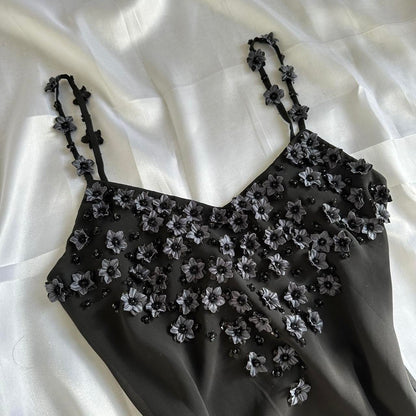 Black Beautiful Vintage Elegant Exquisite Floral Beading 3D Flower Applique Asymmetric Ruffle Dress Midi Chiffon Homecoming Dress Prom Dress Evening Dress Party Dress Graduation Dress gh3940