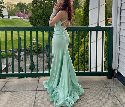 Green elegant fashion V-neck long satin floor-length train slit backless evening dress party dress prom dress graduation dress gh3919