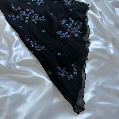 Black gorgeous shiny beautiful stylish unique elegant exquisite blue floral beading long chiffon ball gown evening dress party dress gh3563