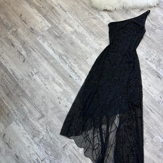 Black shiny fashion one shoulder floral beaded long prom dress evening gown party dress gh4313