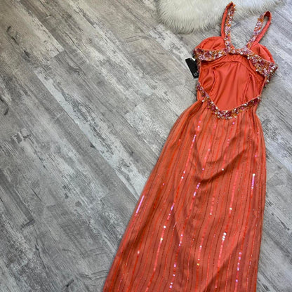 Orange Stunning Exquisite Beaded Floral Sequined Backless Women's Long Chiffon Evening Dress Party Dress Prom Dress gh4288