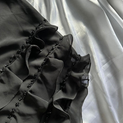 Black Beautiful Vintage Elegant Exquisite Floral Beading 3D Flower Applique Asymmetric Ruffle Dress Midi Chiffon Homecoming Dress Prom Dress Evening Dress Party Dress Graduation Dress gh3940