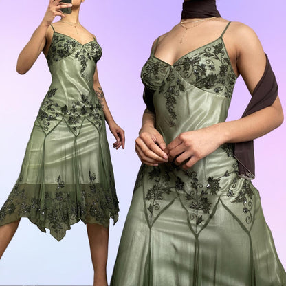 Green Beautiful Stunning Vintage Gorgeous Fashion Elegant Exquisite Beading Midi/Short Asymmetrical Chiffon Flowing Ball Gown Evening Dress Birthday Wedding Guest/Birthday Party Dress Prom Dress gh4017