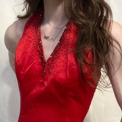 Cherry Red Vintage Exquisite Beading Gorgeous Bright Sexy Backless Long Satin Slit Formal Prom Dress Evening Dress Wedding Guest Dress Birthday Party Dress gh3630