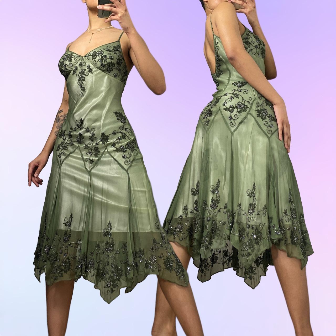 Green Beautiful Stunning Vintage Gorgeous Fashion Elegant Exquisite Beading Midi/Short Asymmetrical Chiffon Flowing Ball Gown Evening Dress Birthday Wedding Guest/Birthday Party Dress Prom Dress gh4017