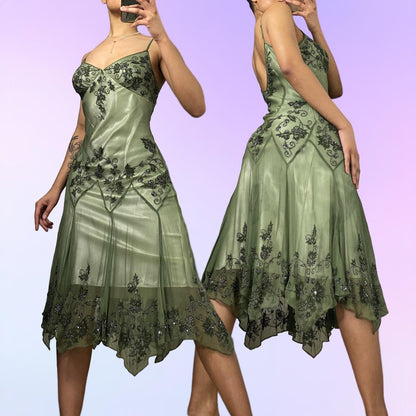 Green Beautiful Stunning Vintage Gorgeous Fashion Elegant Exquisite Beading Midi/Short Asymmetrical Chiffon Flowing Ball Gown Evening Dress Birthday Wedding Guest/Birthday Party Dress Prom Dress gh4017