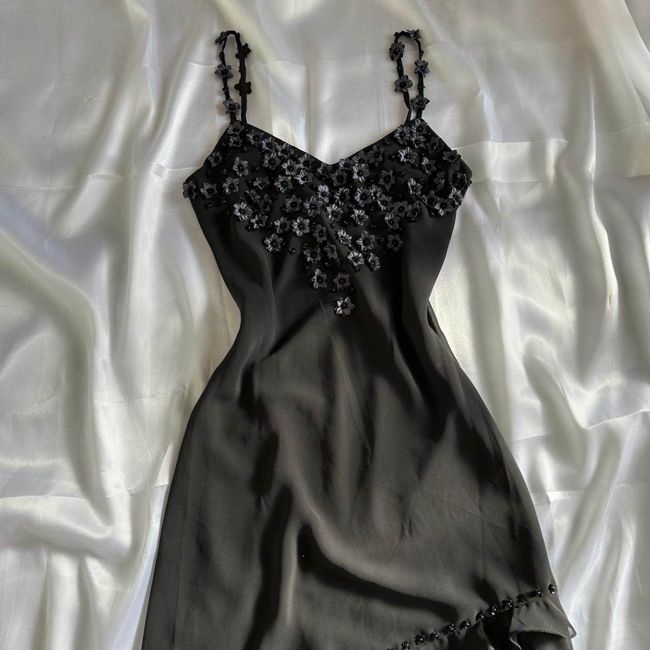 Black Beautiful Vintage Elegant Exquisite Floral Beading 3D Flower Applique Asymmetric Ruffle Dress Midi Chiffon Homecoming Dress Prom Dress Evening Dress Party Dress Graduation Dress gh3940