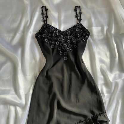 Black Beautiful Vintage Elegant Exquisite Floral Beading 3D Flower Applique Asymmetric Ruffle Dress Midi Chiffon Homecoming Dress Prom Dress Evening Dress Party Dress Graduation Dress gh3940