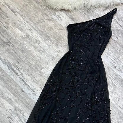 Black shiny fashion one shoulder floral beaded long prom dress evening gown party dress gh4313