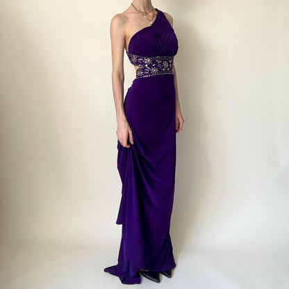 Purple One Shoulder Long Strap Trailing Beaded Off Shoulder Ball Gown Evening Dress gh4590