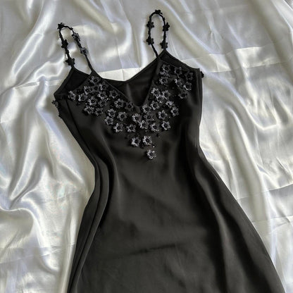 Black Beautiful Vintage Elegant Exquisite Floral Beading 3D Flower Applique Asymmetric Ruffle Dress Midi Chiffon Homecoming Dress Prom Dress Evening Dress Party Dress Graduation Dress gh3940