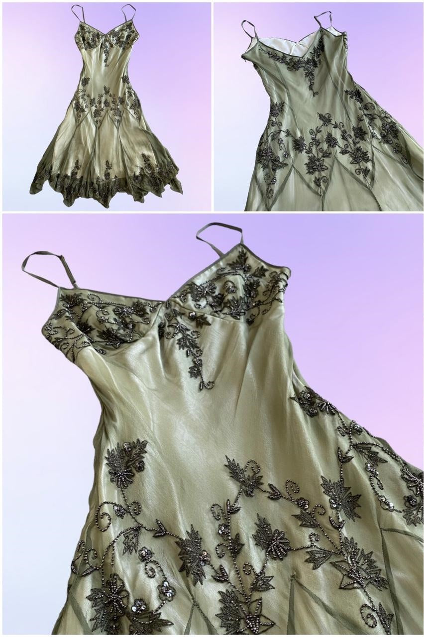 Green Beautiful Stunning Vintage Gorgeous Fashion Elegant Exquisite Beading Midi/Short Asymmetrical Chiffon Flowing Ball Gown Evening Dress Birthday Wedding Guest/Birthday Party Dress Prom Dress gh4017