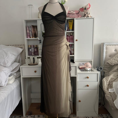 Brown and cream fashion gradient beautiful unique glitter maxi dress suspender vintage elegant long chiffon tulle ball gown evening dress party dress prom dress gh3880