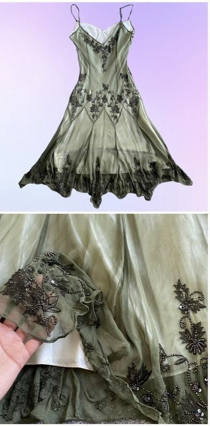 Green Beautiful Stunning Vintage Gorgeous Fashion Elegant Exquisite Beading Midi/Short Asymmetrical Chiffon Flowing Ball Gown Evening Dress Birthday Wedding Guest/Birthday Party Dress Prom Dress gh4017