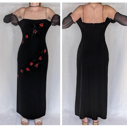 Black Vintage Elegant Delicate Rose Floral Beaded Long Velvet Ball Gown Evening Gown Birthday Party Gown Prom Gown gh3802