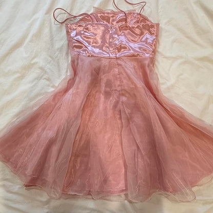 Pink Sweet Elegant Cute Short Spaghetti Straps Satin Tulle Homecoming Dress Prom Dress Evening Dress Party Dress gh4177