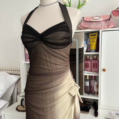 Brown and cream fashion gradient beautiful unique glitter maxi dress suspender vintage elegant long chiffon tulle ball gown evening dress party dress prom dress gh3880