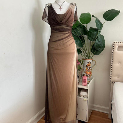Brown and Cream Sparkly Ombre Stunning Shiny Vintage Fashion Stunning Elegant Delicate Rhinestone Long Chiffon Ball Gown Evening Gown Birthday Party Gown Fairy Ball Gown Graduation Gown gh3891