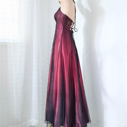 Burgundy Floral Exquisite Beading Long Satin Tulle Ball Gown Evening Dress Party Dress gh4294