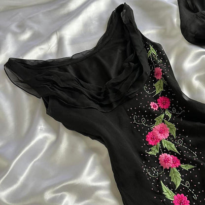 Black gorgeous shiny fashion elegant exquisite floral embroidery long chiffon ball gown evening dress party dress gh3560