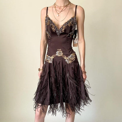 Brown Beaded Floral Short Satin Homecoming Dress Birthday Party Dress gh5085
