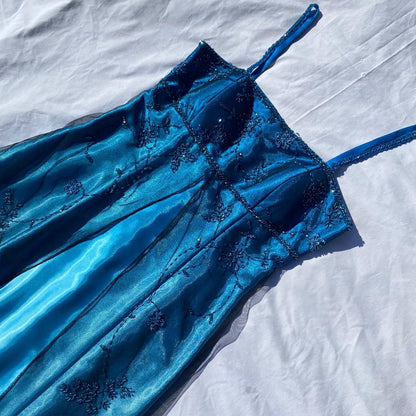 Vintage Fashion Blue Delicate Floral Beaded Ombre Spaghetti Strap Long Satin Tulle Fairy Ball Gown Square Neck Prom Dress Evening Dress Birthday Party Dress gh3957