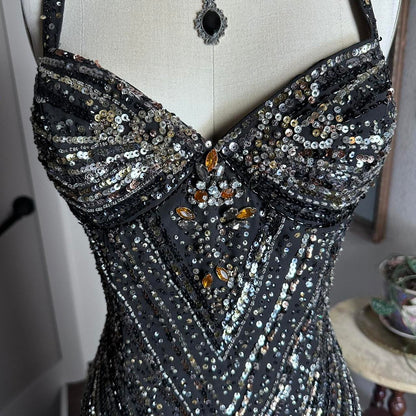 Black Vintage Fashion Elegant Delicate Beaded Sweetheart Neck Spaghetti Straps Long Tulle Chiffon Ball Gown Evening Gown Party Dress Prom Gown gh3682