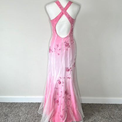 Pink Fashion Gradient Elegant V-neck Exquisite Floral Beading Backless Long Tulle Satin prom dress Evening Dress Party Dress gh3577