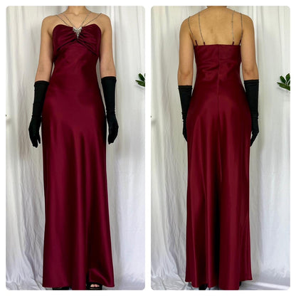 Burgundy Red Gorgeous Retro Fashion Rhinestone Gown Sweetheart Neck Long Satin Ball Gown Evening Gown Party Dress Prom Gown gh3715