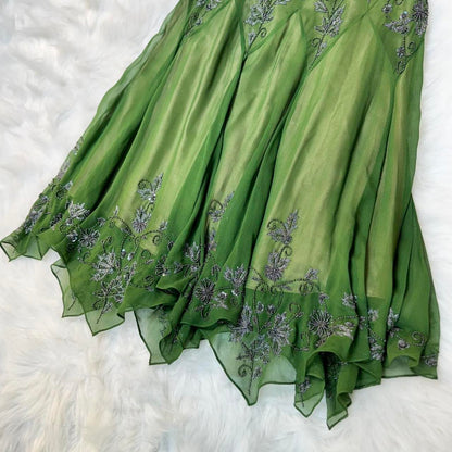 Green Vintage Fashion Elegant Exquisite Beaded Long Chiffon Suspender Dress Floral Embroidery Ball Gown Evening Gown Party Dress Prom Gown gh3720