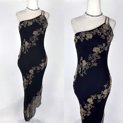 Black Gold Vintage Fashion Elegant Delicate Silver Floral Beads Long Chiffon Tulle Ball Gown Evening Dress Party Dress Prom Dress Hem Asymmetric gh3721