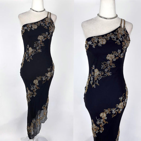 Black Gold Vintage Fashion Elegant Delicate Silver Floral Beads Long Chiffon Tulle Ball Gown Evening Dress Party Dress Prom Dress Hem Asymmetric gh3721