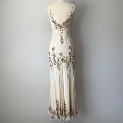 Ivory White Gorgeous Vintage Delicate Gold Brown Beaded Spaghetti Straps Fairy Long Chiffon Ball Gown Evening Gown Party Gown Wedding Guest Gown Homecoming Gown Graduation Gown Prom Gown gh3980